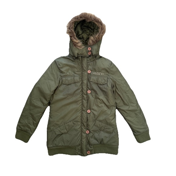 Roxy Jacket Women's L Green Faux Fur Hood Removable Fleece Lined Winter Coat - Picture 1 of 9